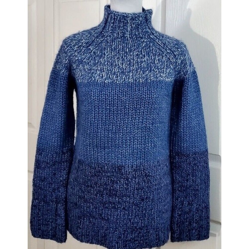 VTG Express Mohair Wool Blend Blue Chunky Knit Sweater Colorful Mock Neck L EUC